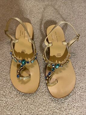 Mario Romano Capri Italy Blue Crystal Gold Sandals